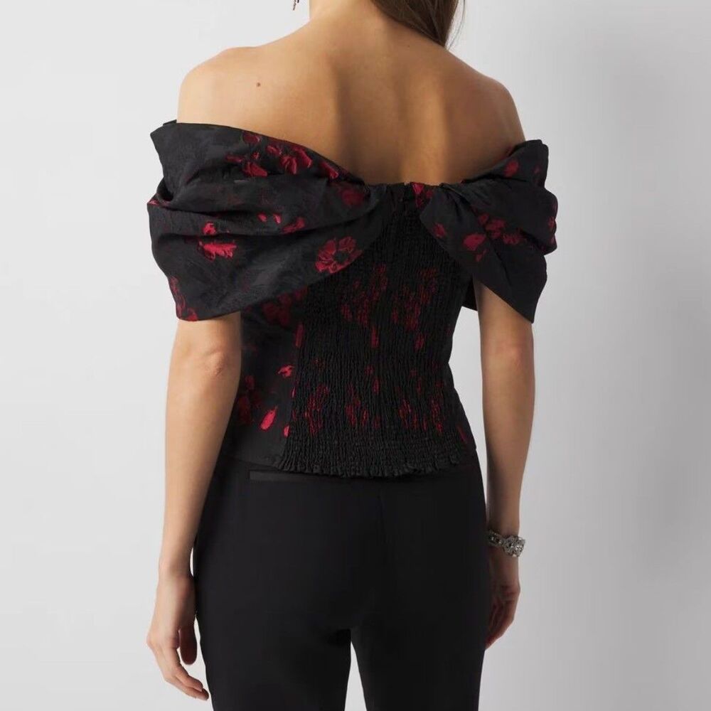White House Black Market WHBM Floral Jacquard Bustier Black Red off Shoulder 14 - Picture 2 of 16